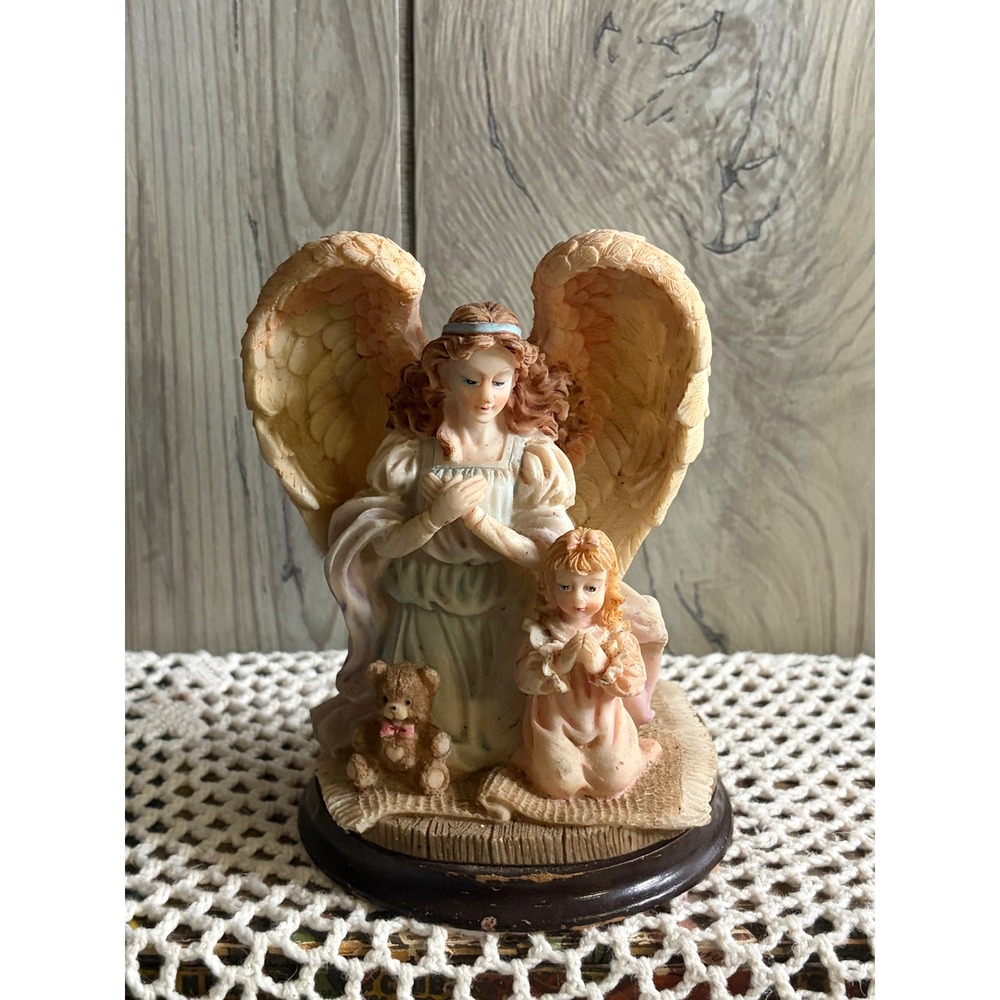 Guardian Angel Figurine with Praying Child and Teddy Bear Resin Statue 6 Inch